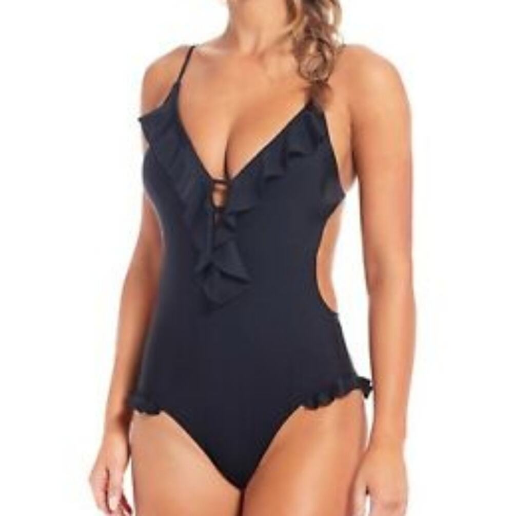 Chelsea & Violet Black Deep V-Neck Ruffle|| XS